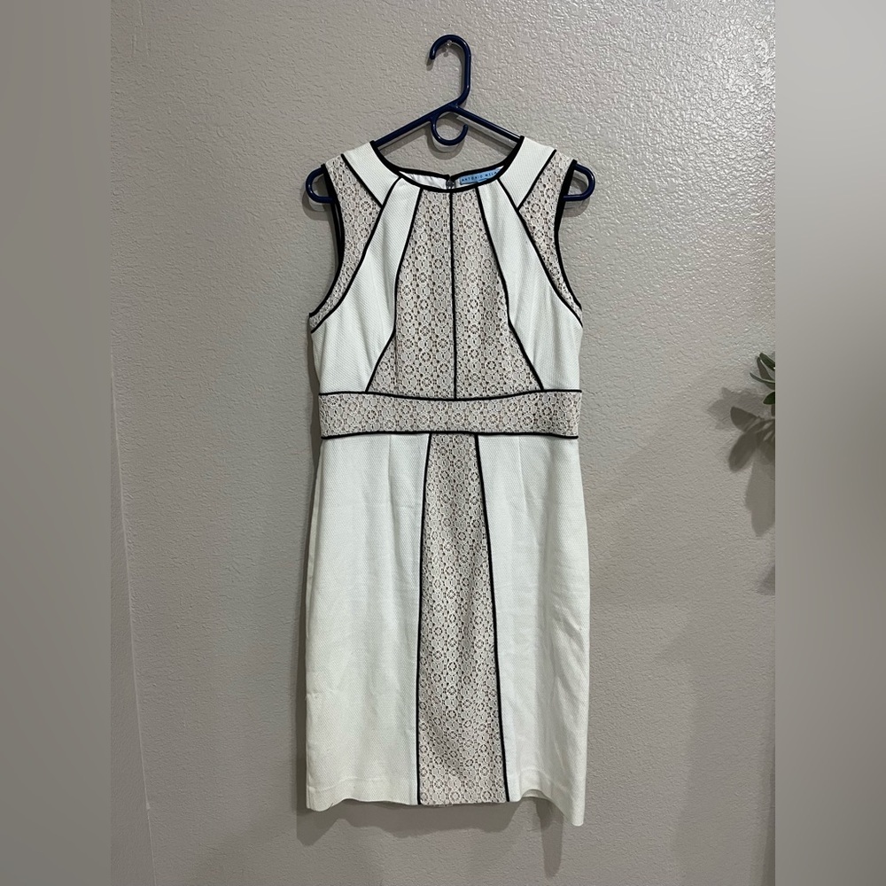 ANTONIO MELANI White Black Patterned Mini Dress Lace Sleeveless Sz 10 Back Zip